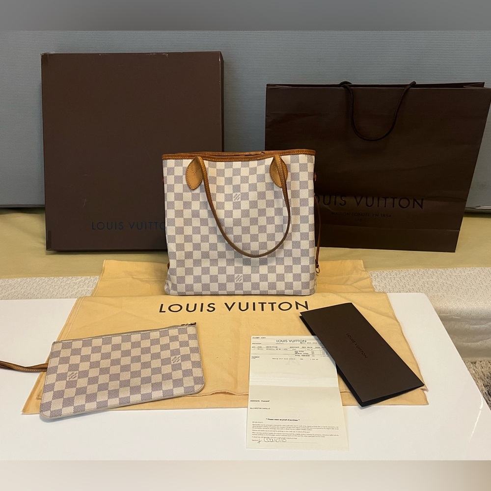 Authentic Louis Vuitton Damier Azure Neverfull MM Bag & pouch